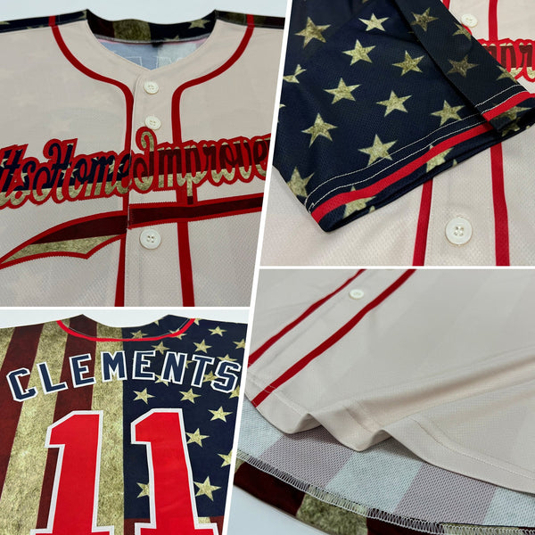 Custom Cream Red-Navy 3D American Flag Authentic Baseball Jersey