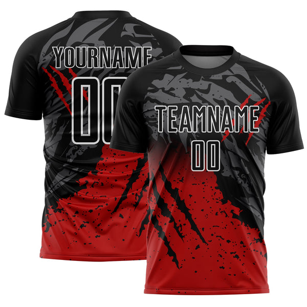 Custom Black Red-White Gradient Scratch Splash Sublimation Soccer Uniform Jersey